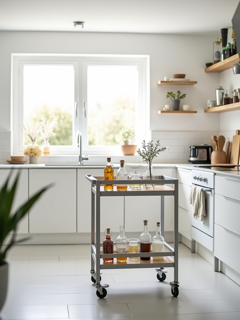 A portable silver bar cart functioning as a kitchen island in a bright, modern kitchen with glassware and drinks on its shelves.