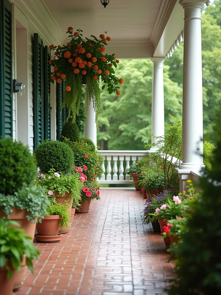 A porch with a variety of potted plants in varying sizes.
