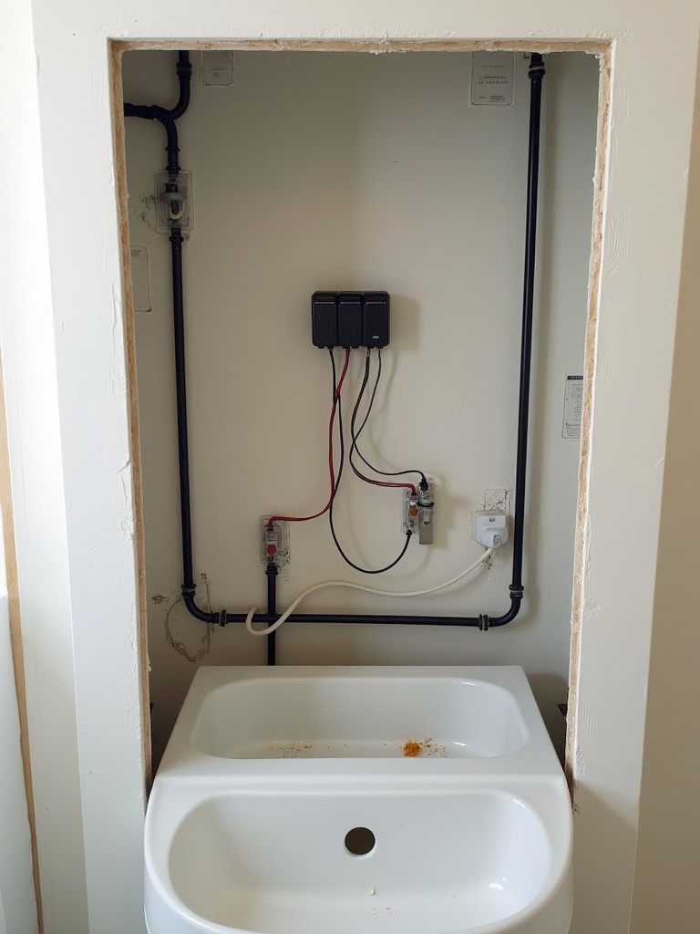 Exposed plumbing and electrical wiring within a bathroom wall