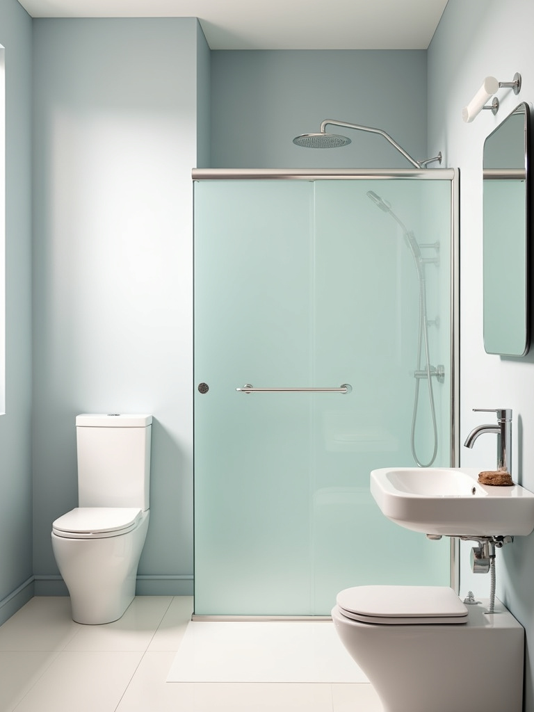 A bathroom with various water-saving fixtures and installations.