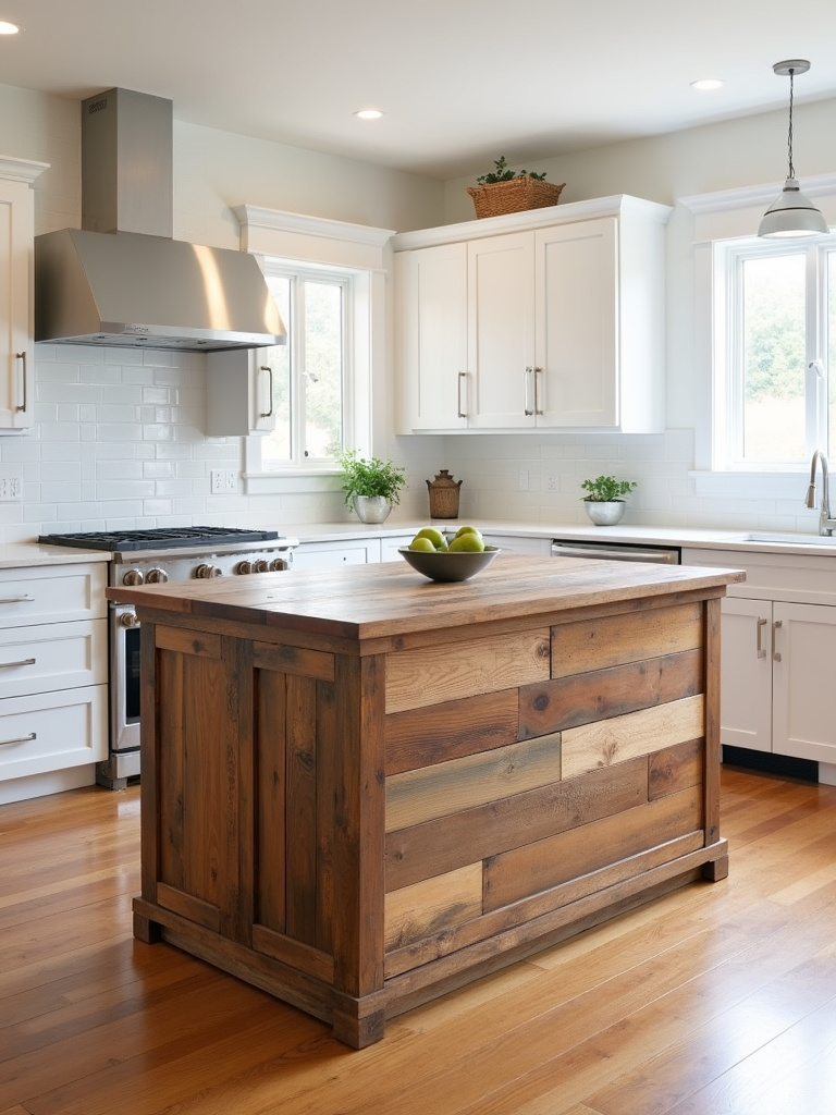 A reclaimed wood plank kitchen island with natural variations in color in a bright kitchen with white walls and cabinets.