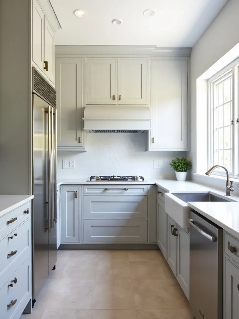 A bright kitchen with refaced light grey shaker cabinets, modern stainless steel hardware and lots of natural sunlight.