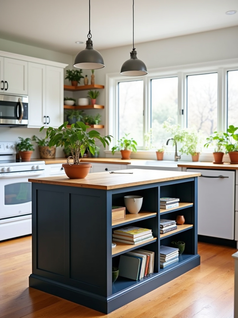 A repurposed bookshelf painted dark blue with light wood counter and shelves functioning as a kitchen island in a bright and modern kitchen with plants.