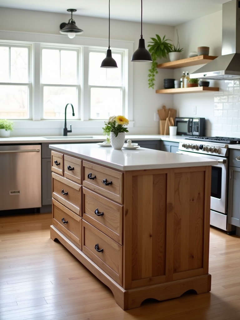 A repurposed wooden dresser functioning as a kitchen island, topped with a white quartz countertop, in a modern kitchen with natural lighting.