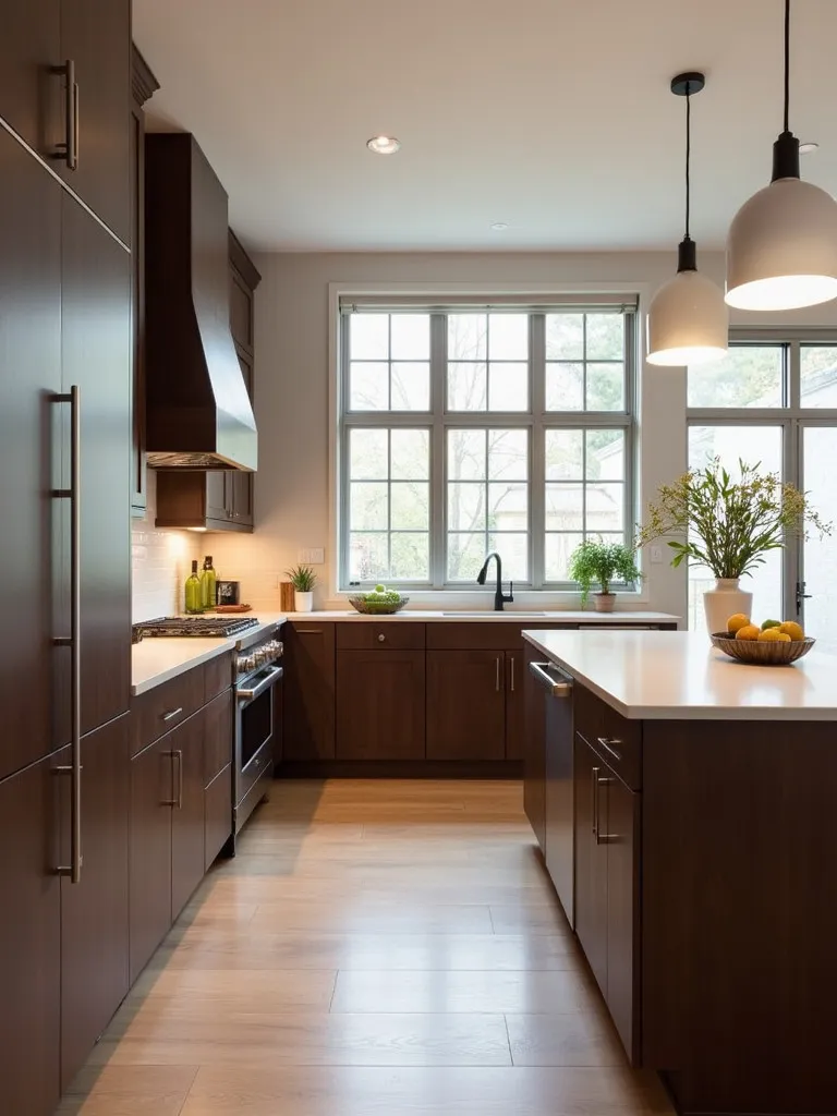 A modern kitchen with rich chocolate brown cabinets and a light-colored island.
