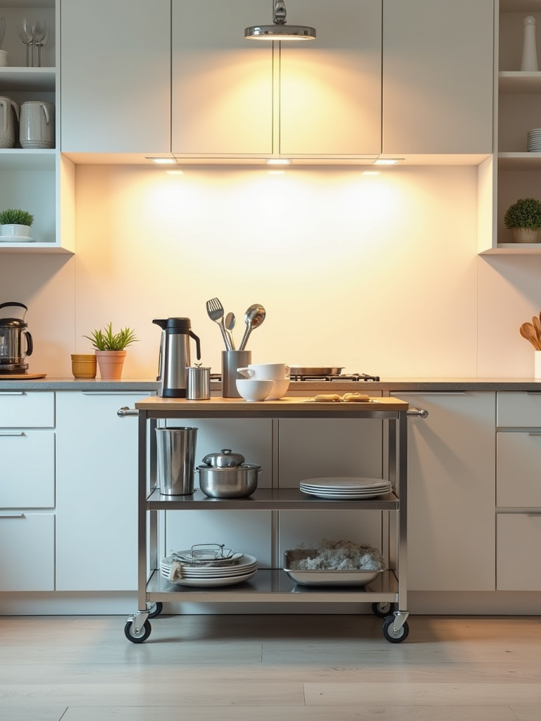 A stainless steel rolling cart functioning as a kitchen island with multiple shelves for utensils and small appliances.