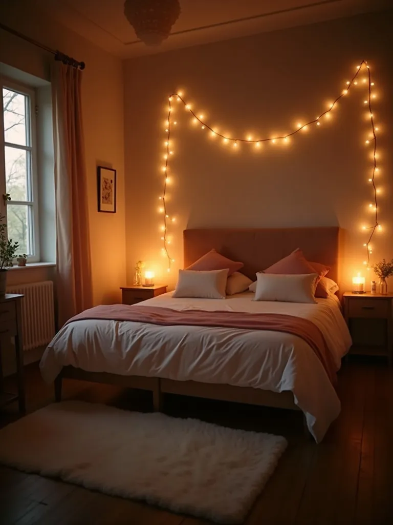 A bedroom with soft, warm lighting, including dimmable lights, candles, and string lights to create a romantic atmosphere