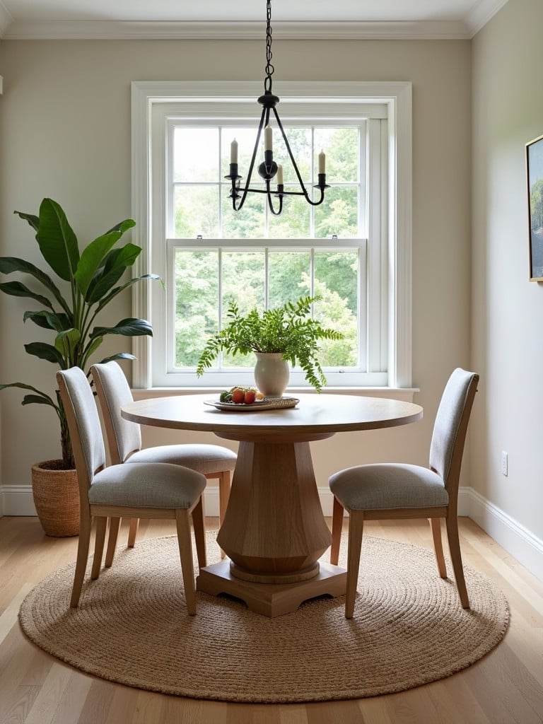A round farmhouse kitchen table in a bright dining area.