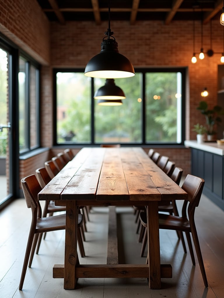 Dining space with a reclaimed wood farmhouse table, rustic style chairs and industrial pendant lights above.