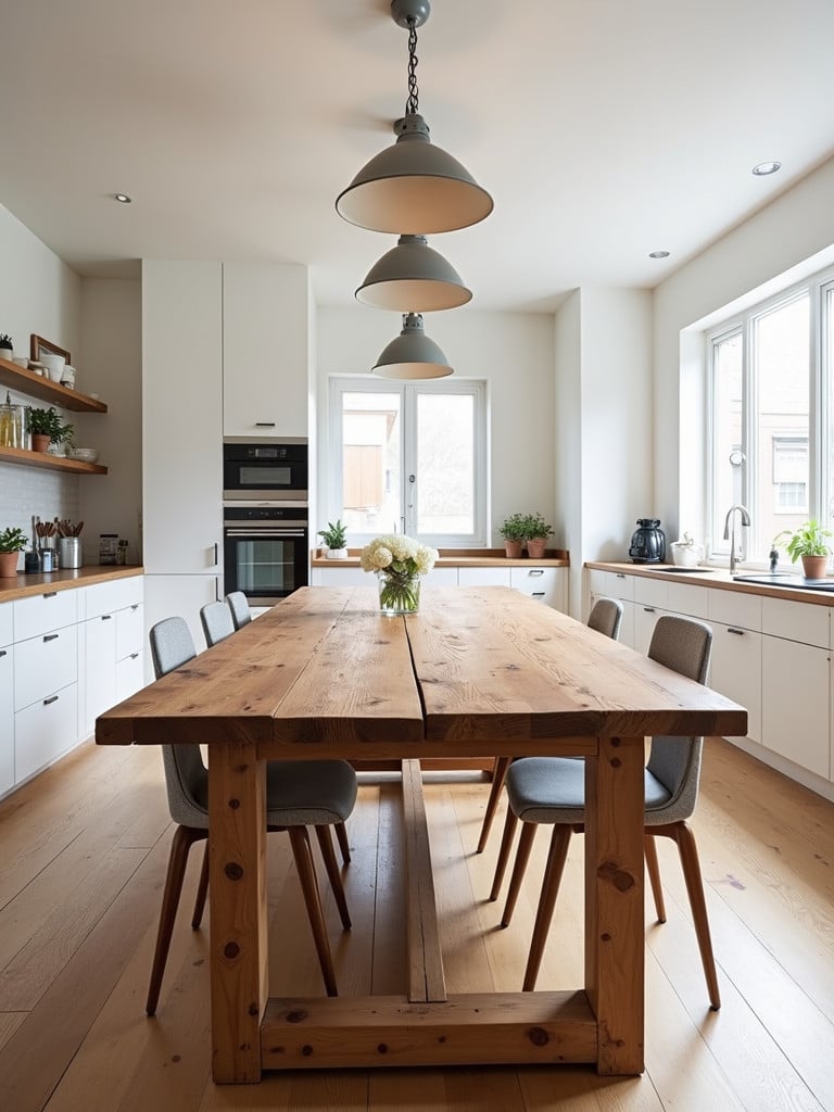 A rustic reclaimed wood farmhouse kitchen table in a bright kitchen.