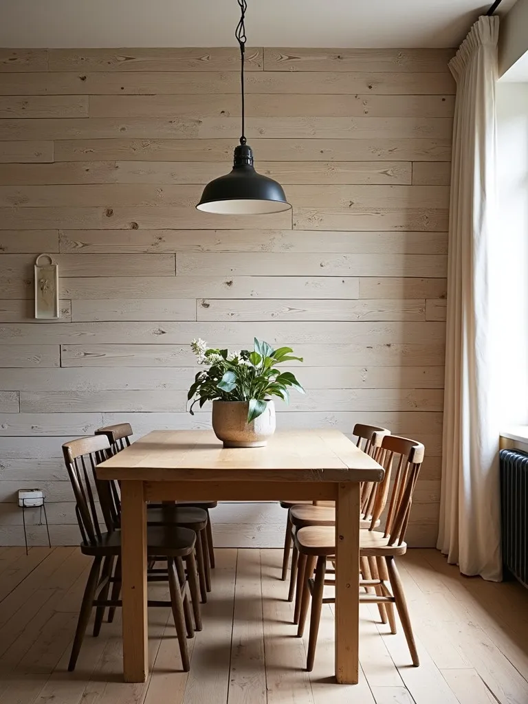 Rustic dining room with a light-colored reclaimed wood plank accent wall