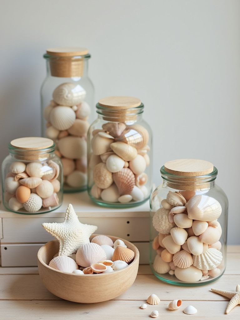 A collection of seashells displayed in glass jars and bowls on a wooden shelf