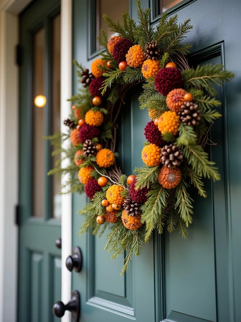 A door with a beautiful seasonal wreath hanging on it.
