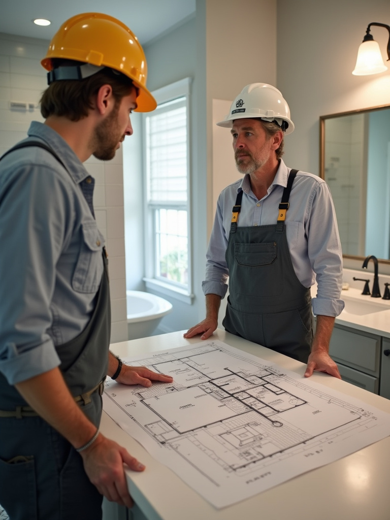 An image of a homeowner and contractor consulting about a bathroom plan.