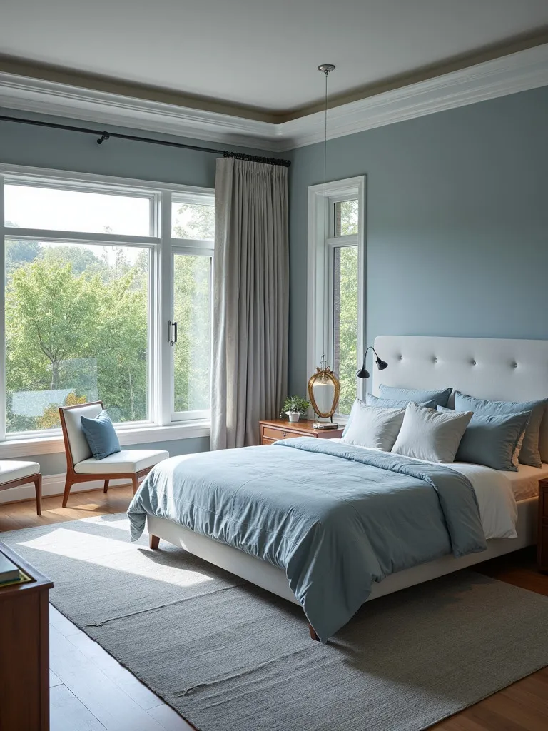 A master bedroom with a calming color scheme of blues and grays, featuring a king-size bed and natural lighting