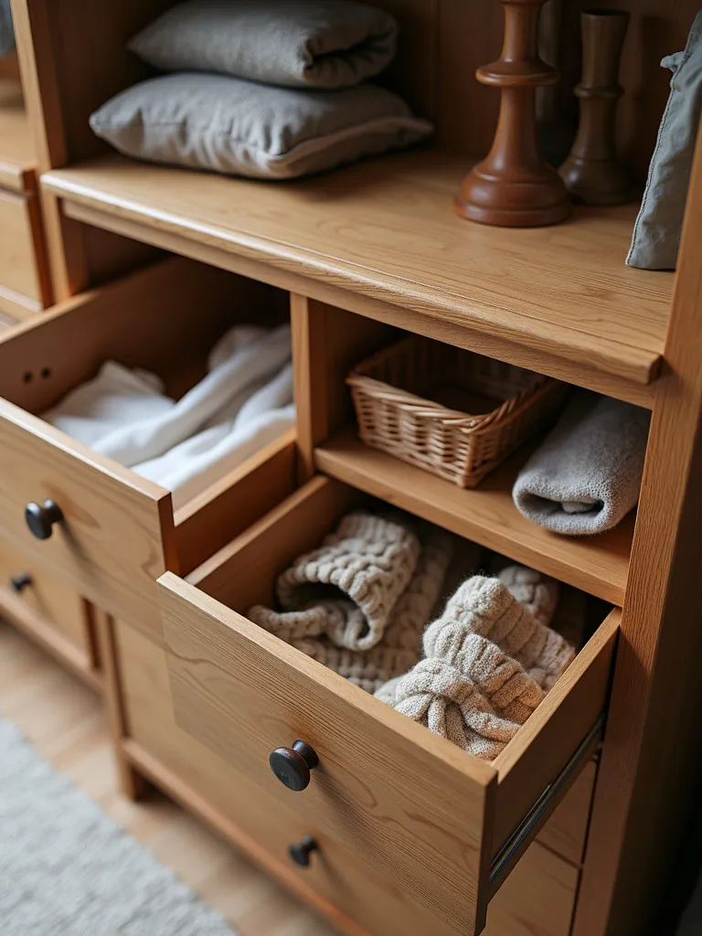 A shared dresser with clearly designated spaces for two people, including organized drawers and shelves