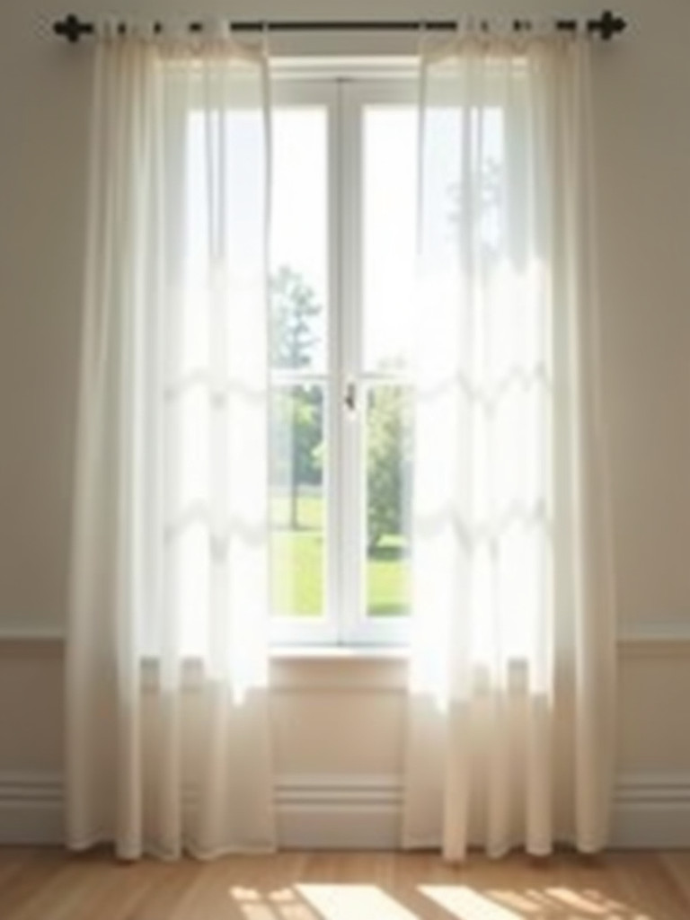 Sheer white curtains hanging by a window that enhance the bright, airy feel in a living room