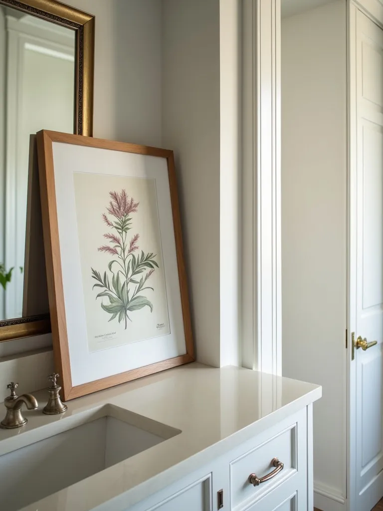 A framed botanical print leaning against a wall on a shelf inside a bathroom cabinet