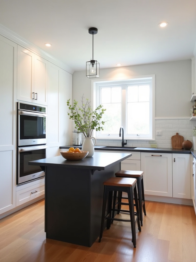 A small, dark console table functioning as a kitchen island with stools in an elegant <a href=