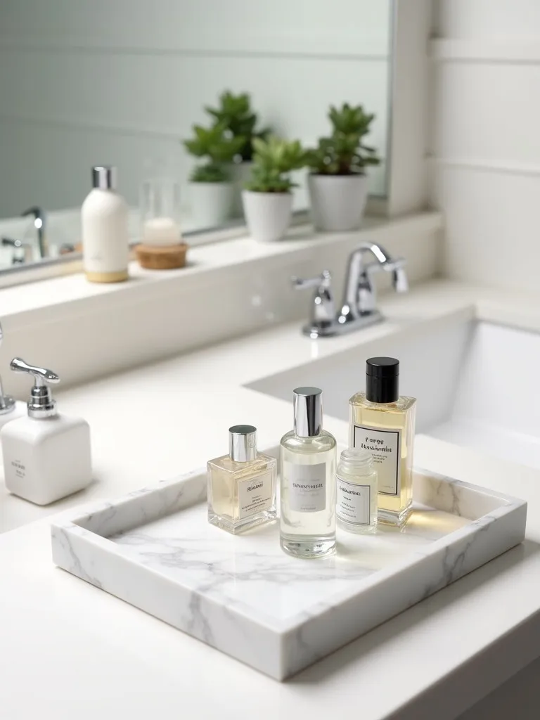 A small marble tray holding perfumes and lotions on a white bathroom counter