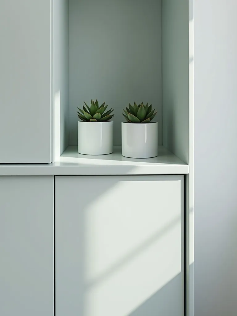 A light grey bathroom cabinet shelf with two small potted succulents