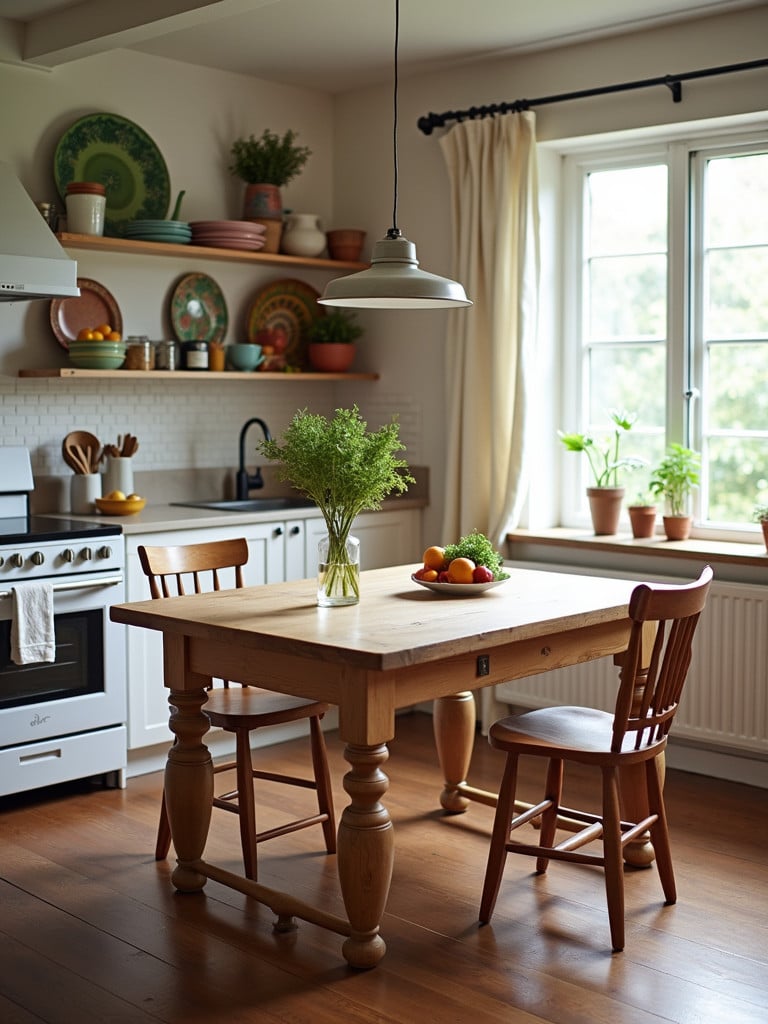 A small space farmhouse kitchen table in a compact kitchen.