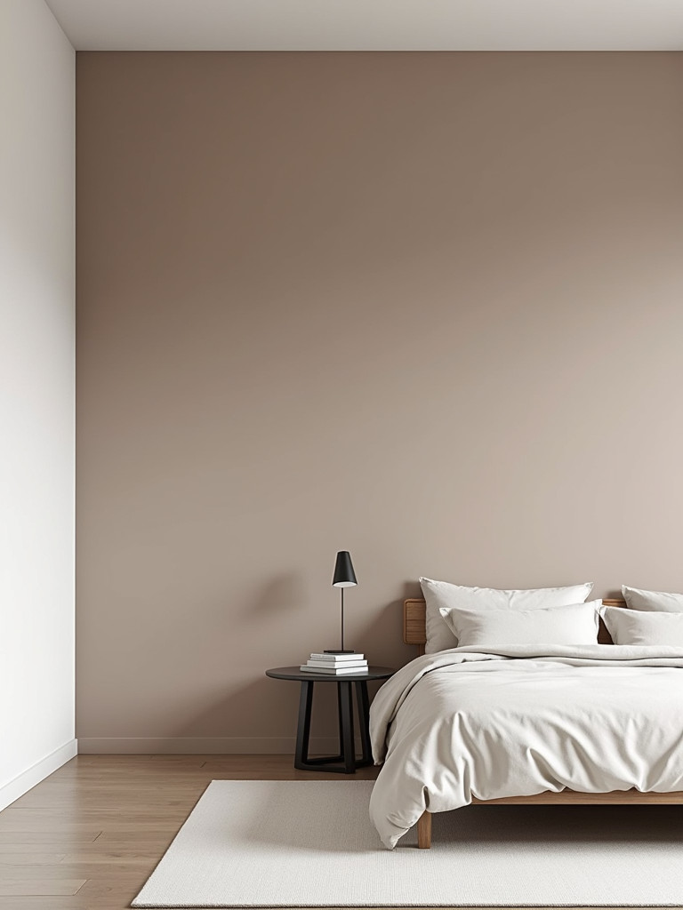 A minimalist bedroom featuring a solid color wallpaper accent wall, complemented by a platform bed and soft lighting.