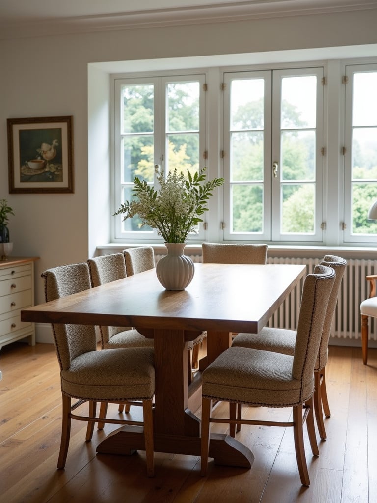 A solid oak farmhouse kitchen table in a bright dining room.