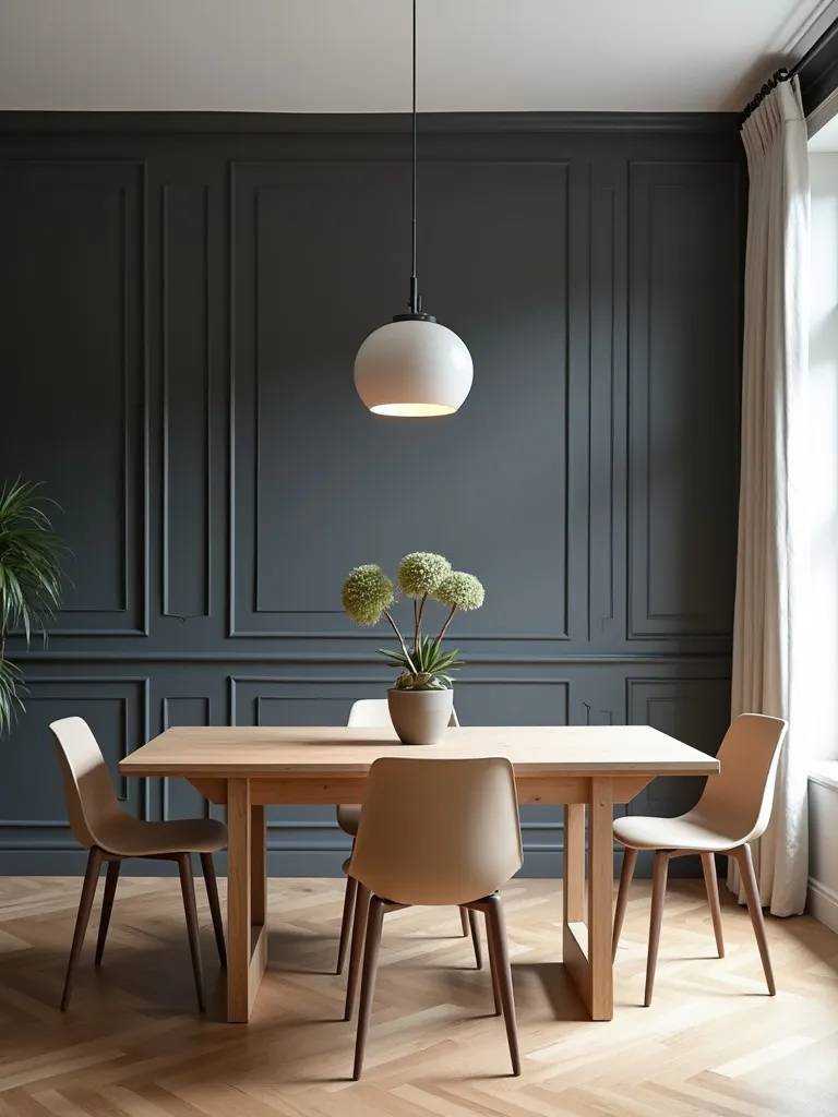 Dining room featuring a sophisticated dark charcoal grey painted accent wall