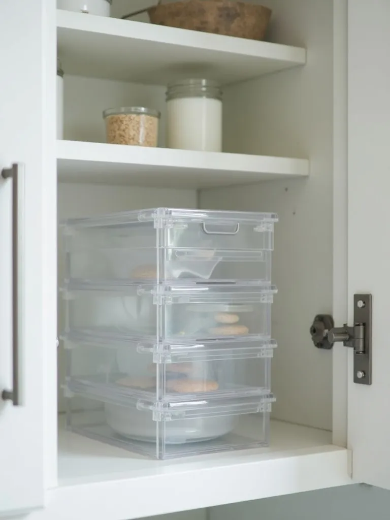 A bathroom cabinet with stackable clear acrylic organizers neatly arranged on a shelf