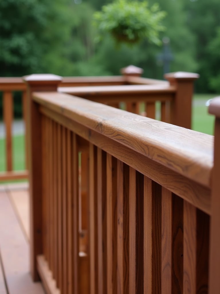 Beautifully stained wood railing that enhances the natural grain, adding character and warmth to the outdoor setting.