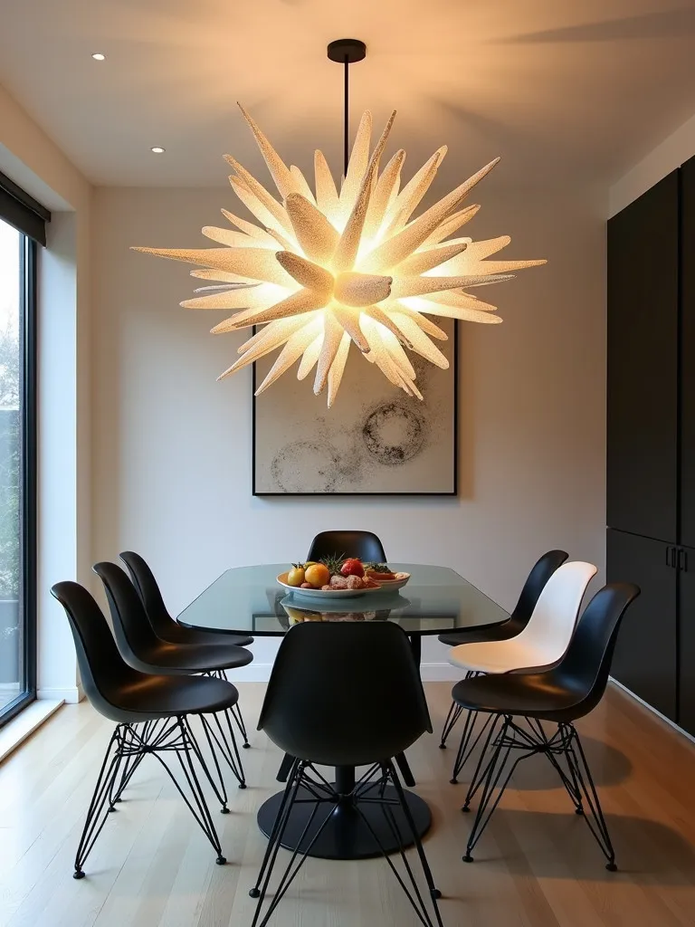 Dining room with a large abstract sculptural statement lighting fixture as art