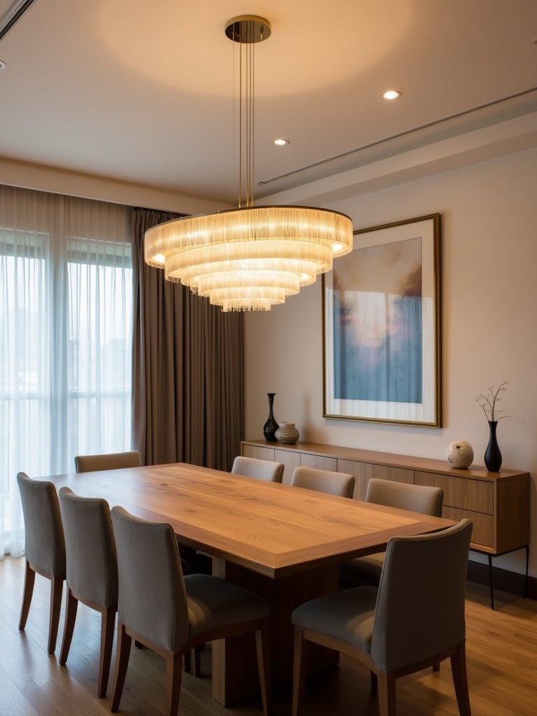 A dining room with a multi-tiered chandelier over a large wooden table and a minimalist sideboard in the background.