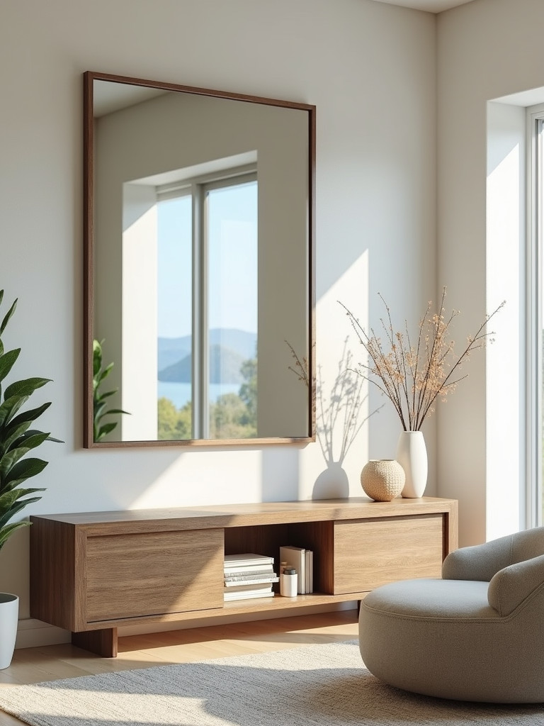 An oversized rectangular mirror used to enhance the sense of space in a coastal living room