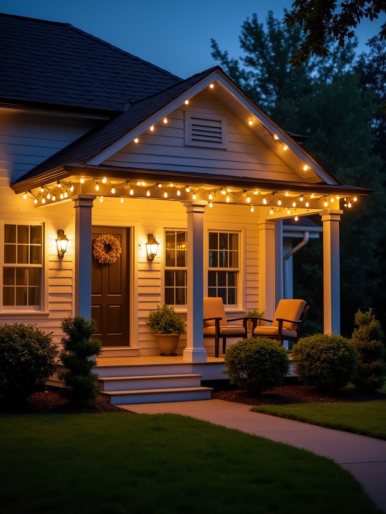 Front porch ideas aglow with warm white string lights at dusk.