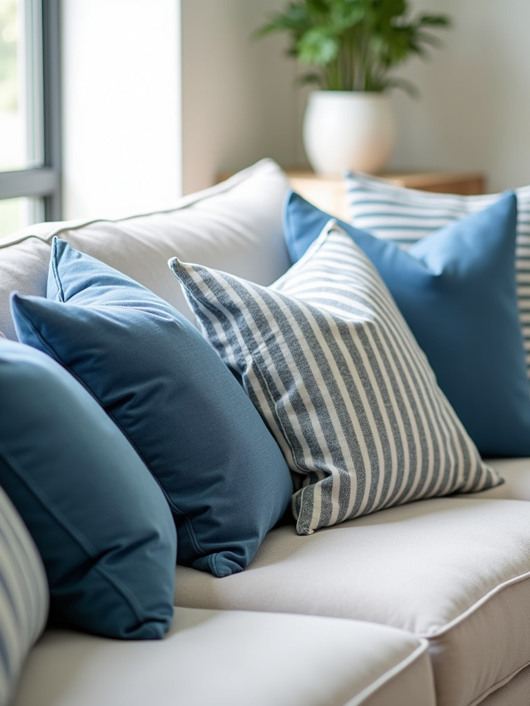 A couch with a variety of throw pillows including a striped blue and white pattern