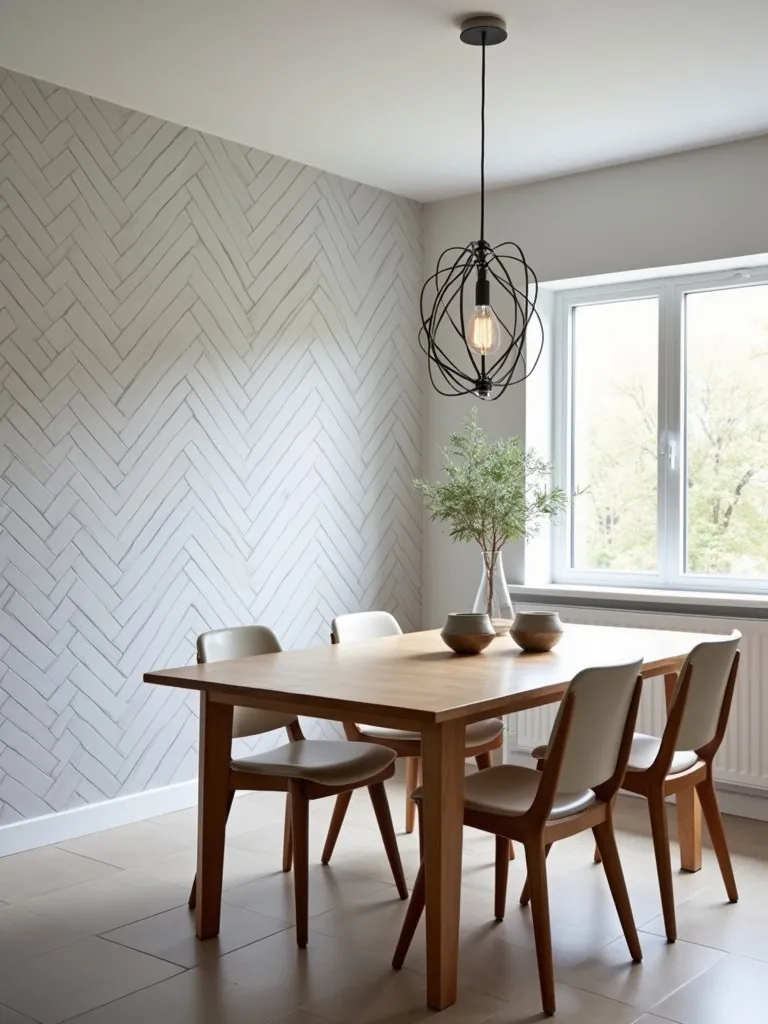 Contemporary dining room featuring a subtle grey and white herringbone pattern tile accent wall