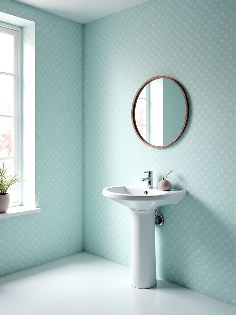 Bathroom with calm blue dot patterned wallpaper.