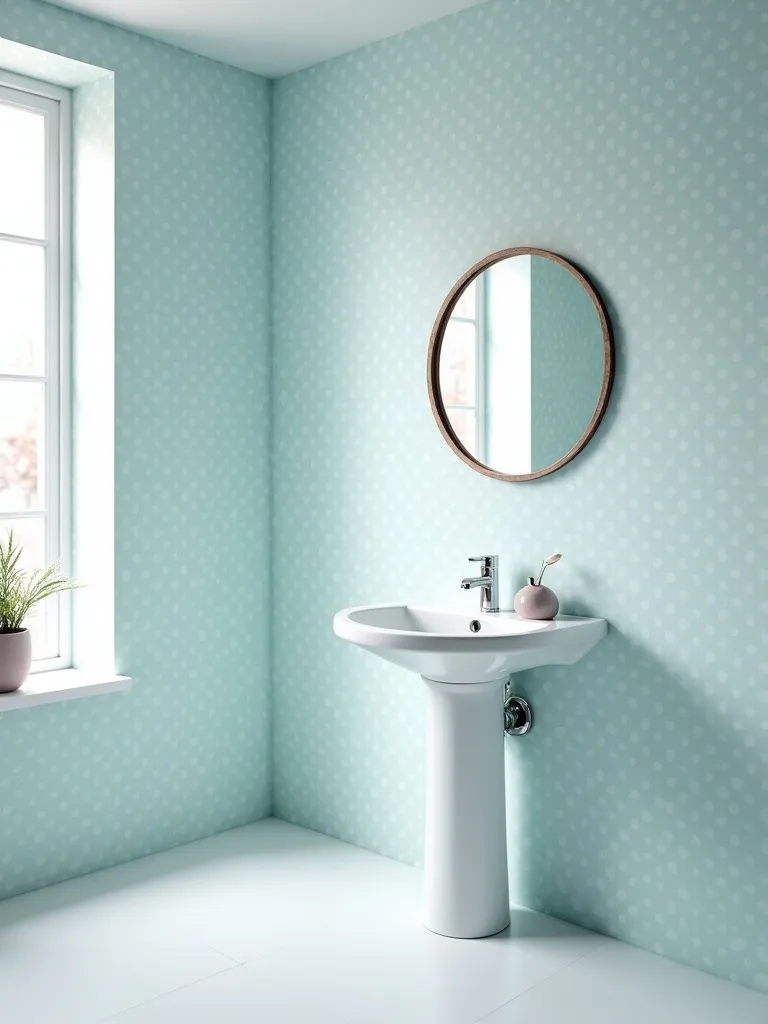 Bathroom with calm blue dot patterned wallpaper.