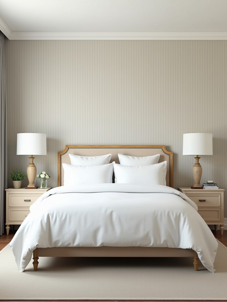 A classic bedroom featuring a subtle striped wallpaper accent wall, complemented by crisp white bedding and soft natural lighting.