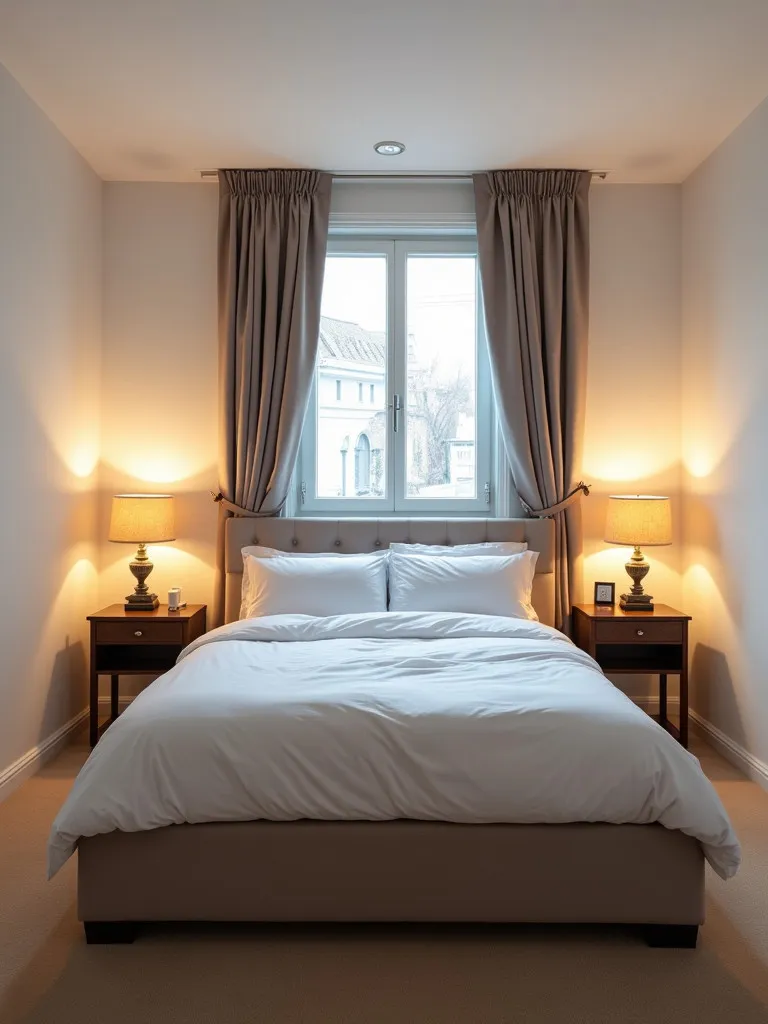 A bedroom with matching nightstands on each side of the bed, featuring identical lamps and decor