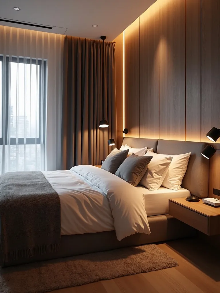 A bedroom with tech-friendly integrations, including smart lighting, hidden charging stations, and a subtle sound system