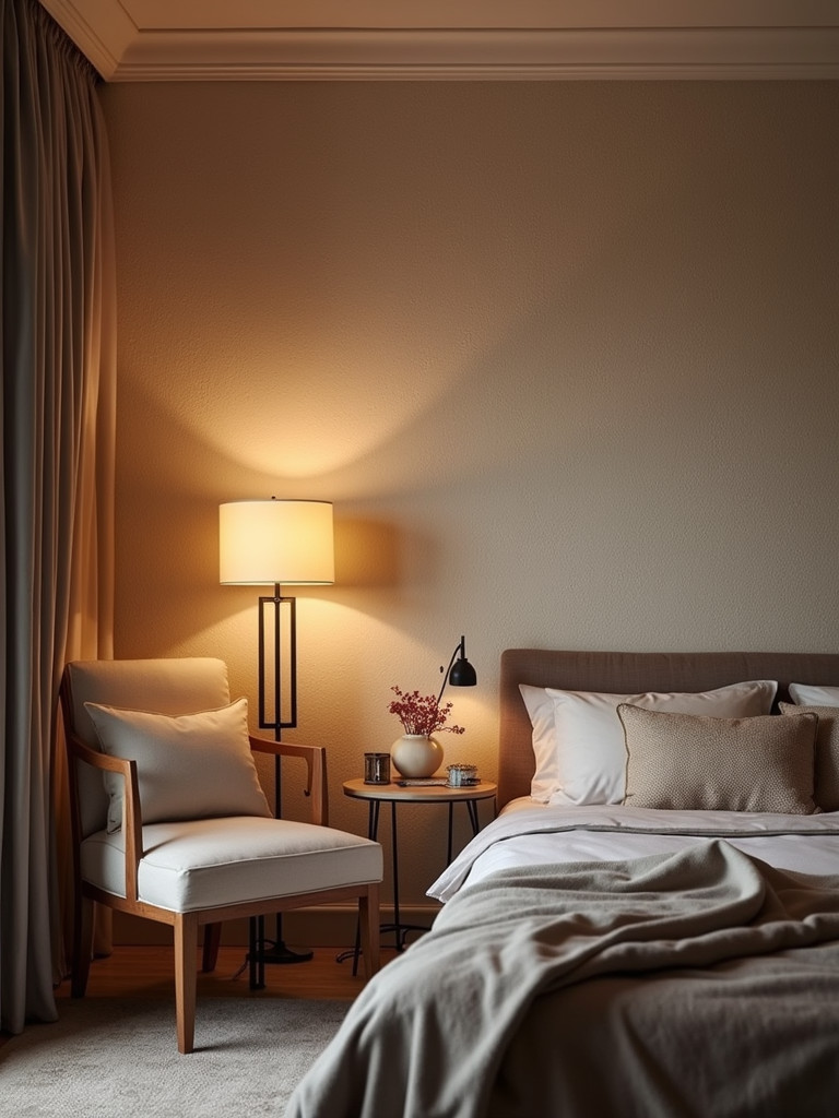 A cozy bedroom featuring a textured wallpaper accent wall, complemented by soft lighting and comfortable furnishings.