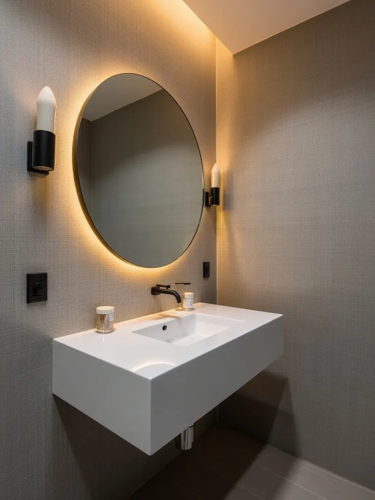 Bathroom with warm grey textured wallpaper.