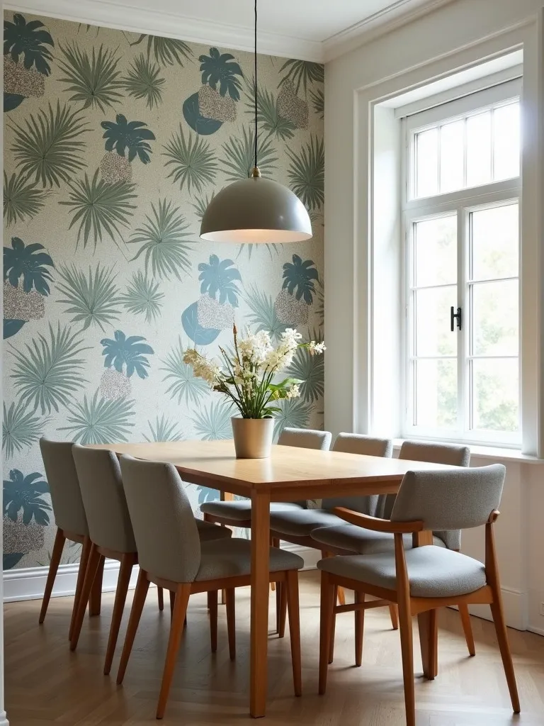 Dining room featuring a textured wallpaper accent wall with tropical leaves