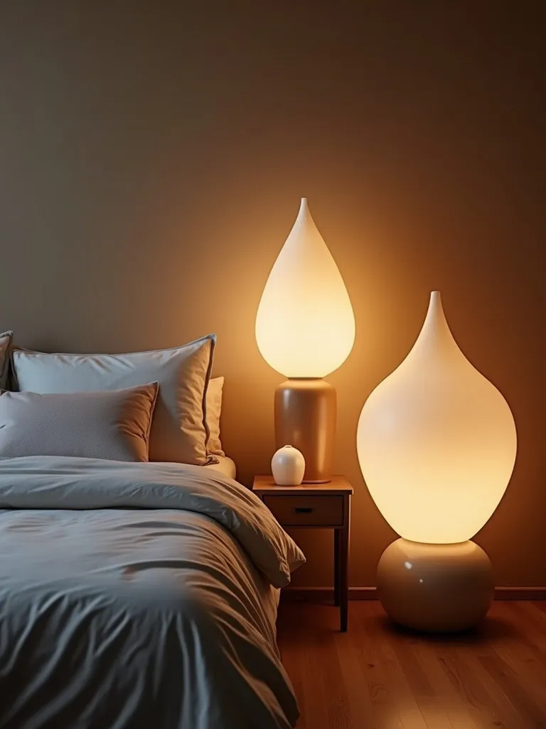 A unique and artistic bedroom with various lamp designs