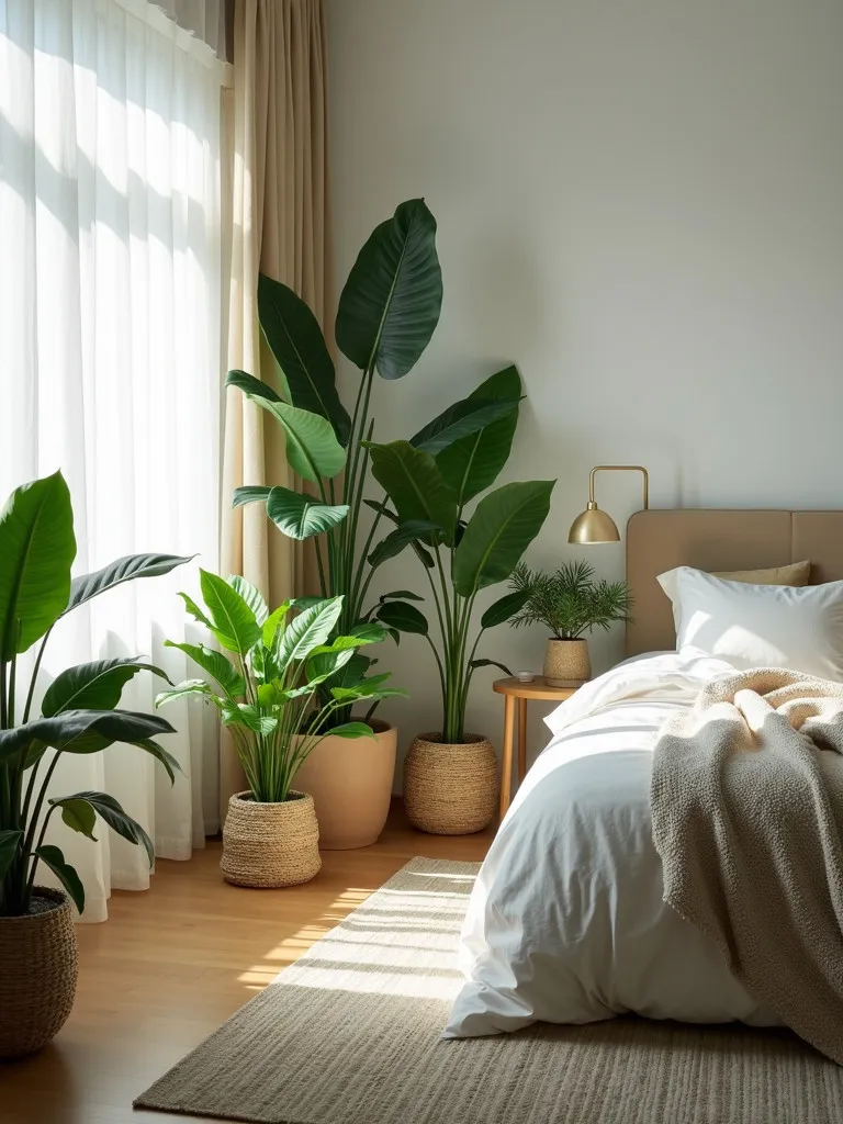 A refreshing bedroom with indoor plants enhancing its natural beauty