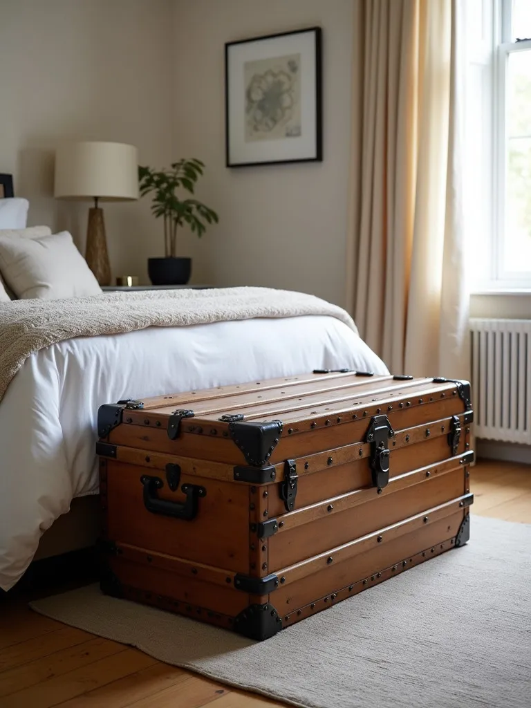 A classic and functional bedroom featuring a trunk or storage chest as a key element