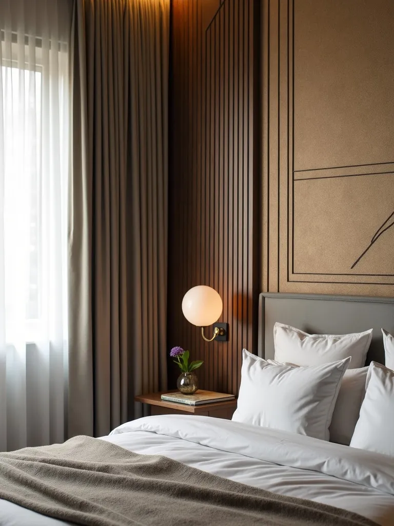 An art deco bedroom featuring a geometric patterned accent wall