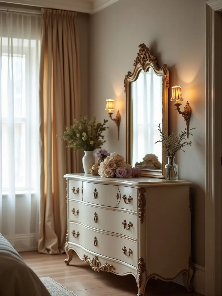 A classic and elegant bedroom with a dresser and mirror as a central piece